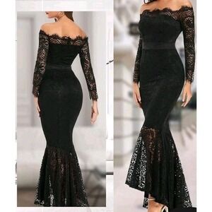 Black Lace Mermaid Evening Gown Large Long Sleeve Sheer Floral Goth Witchy M/L